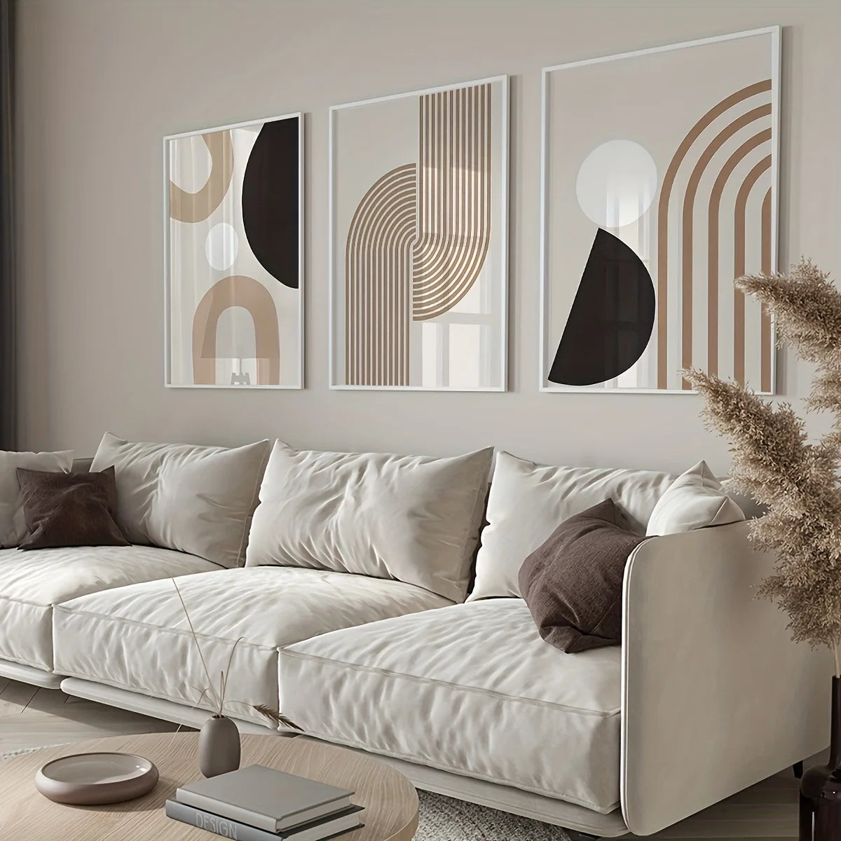 3pcs Modern minimalist abstract line painting, beige geometric frameless mural, bohemian style home décor, frameless wall art