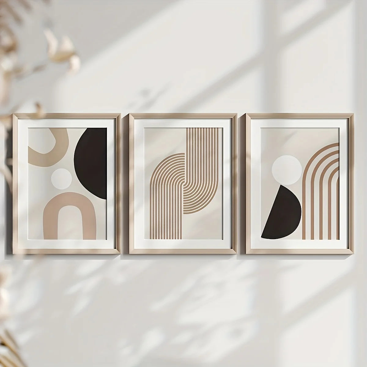 3pcs Modern minimalist abstract line painting, beige geometric frameless mural, bohemian style home décor, frameless wall art
