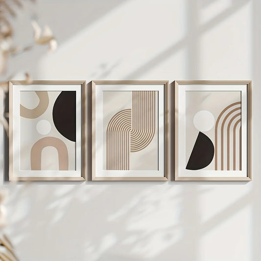 3pcs Modern minimalist abstract line painting, beige geometric frameless mural, bohemian style home décor, frameless wall art