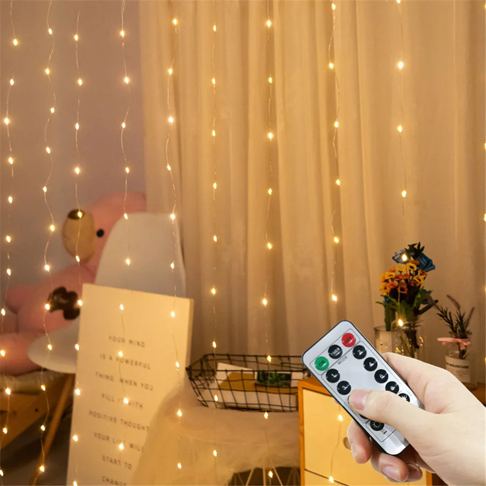 USB LED Curtain 8Modes Remote Control Lights Holiday Wedding Garland Lights for Bedroom Living Room Decor Christmas Decorations