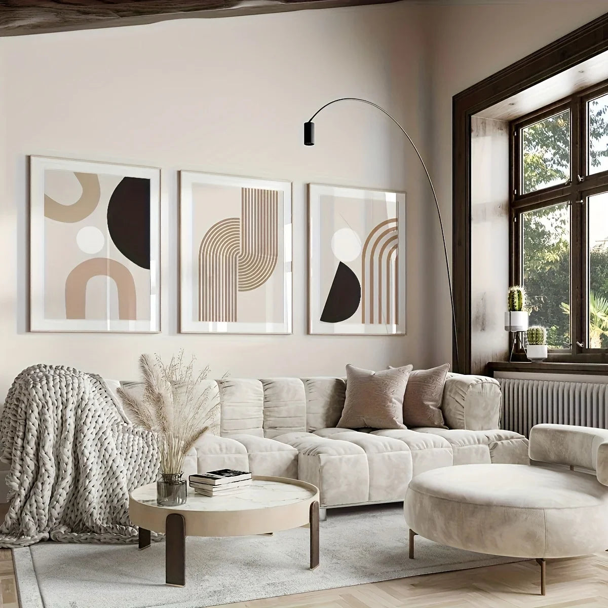 3pcs Modern minimalist abstract line painting, beige geometric frameless mural, bohemian style home décor, frameless wall art