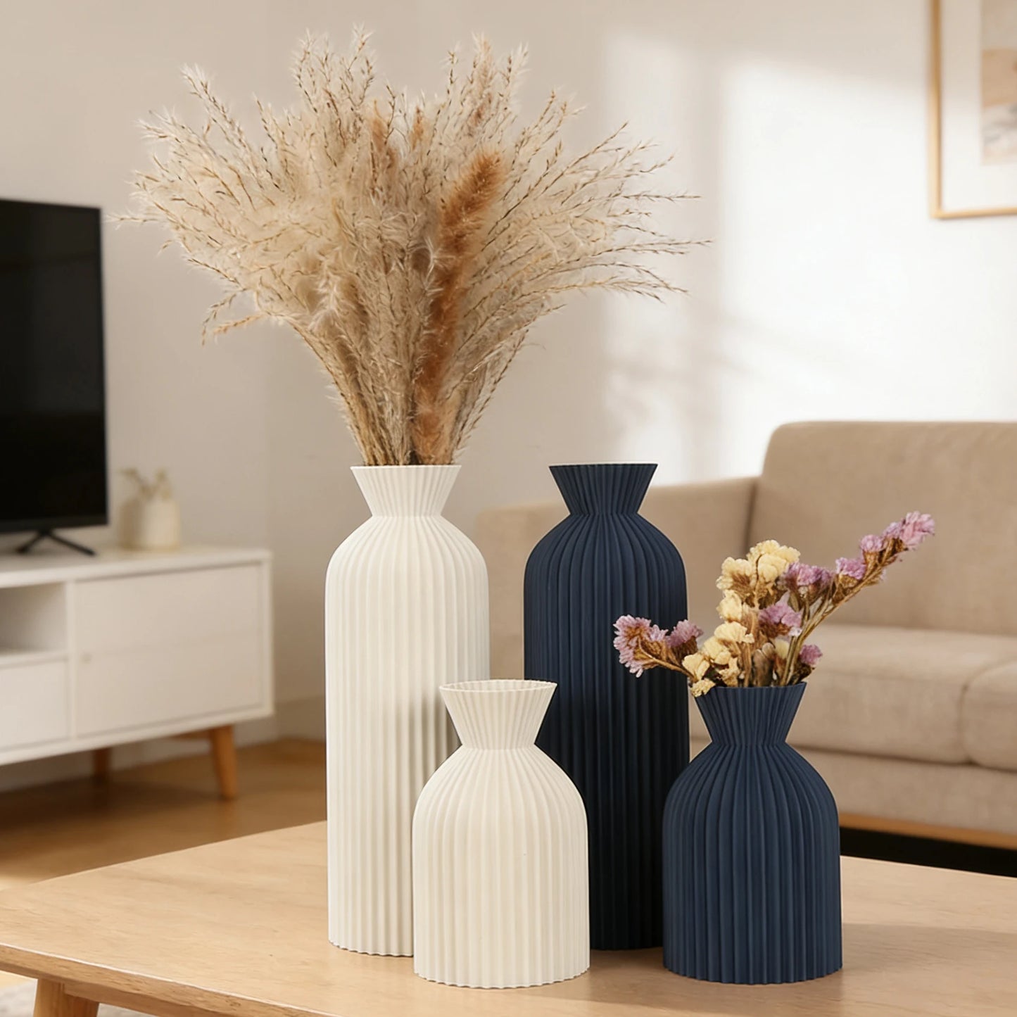 Cross-Border Minimalist Wabi-Sabi Style Vertical Striped Waisted Vase For Nordic Modern Style Home Soft Decoration Floral Contai