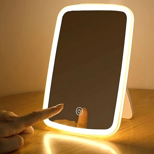USB Charging LED Makeup Mirror with Touch Sensor 3 Color Lighting  Adjustable Brightness Folding Tabletop Cosmetic Mirror with